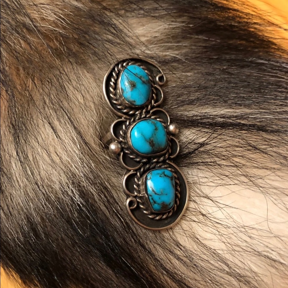 Turquoise and silver three stone ring